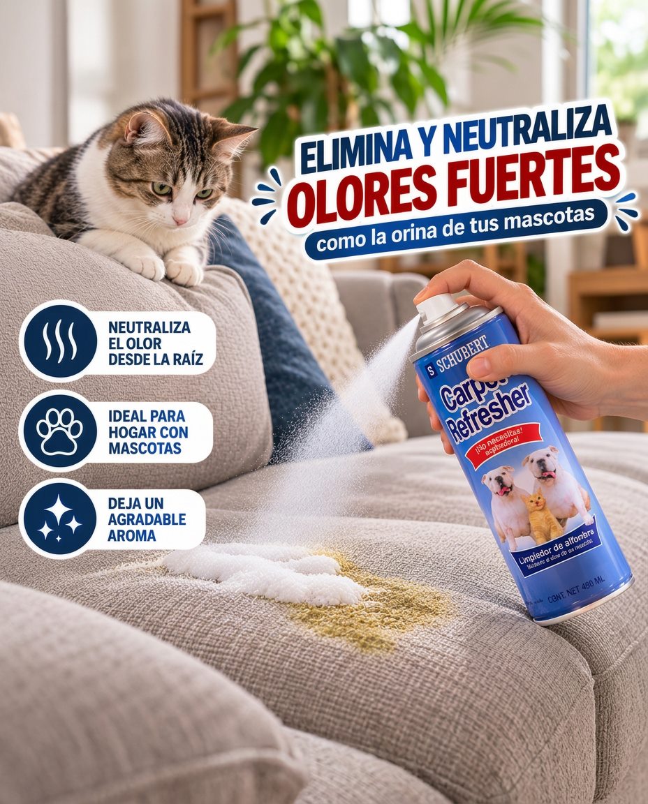Gato sobre un sillón mientras alguien rocía el producto donde había orina